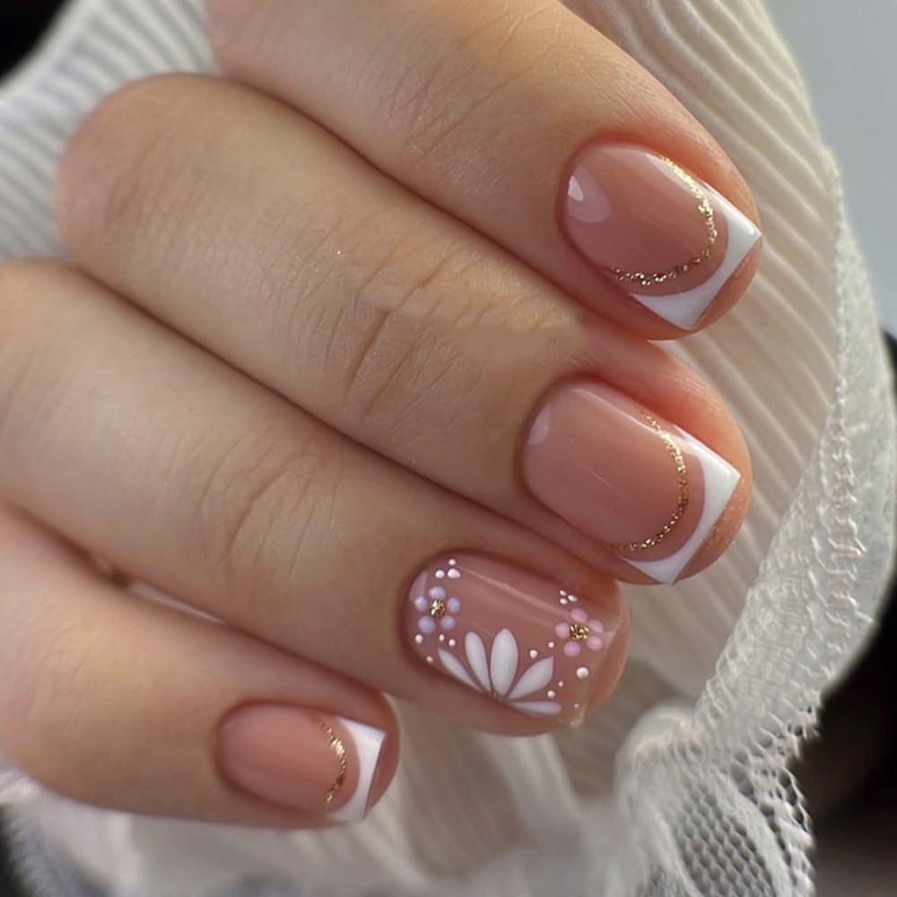3D French Press on Nails Short Square with Flower Design, Nude Nail + White Tip Glossy Stick on Nails for Women with Kit, Reusable Soft Gel Stick on Fake Nail with Gold Line Designs Perfectly Fit