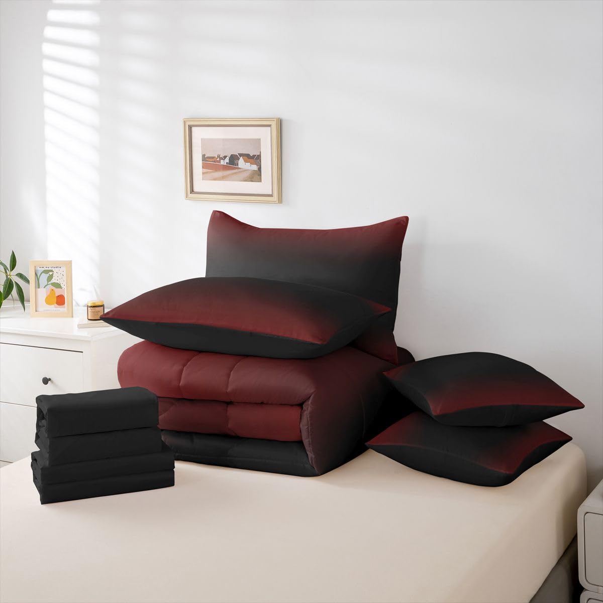 Erosebridal Red and Black 7 Piece Comforter Set Twin Bed in A Bag Ombre Bedding Set for Girls Women Abstract Gradient Sheet Set with Comforter Contemporary Art Duvet Insert