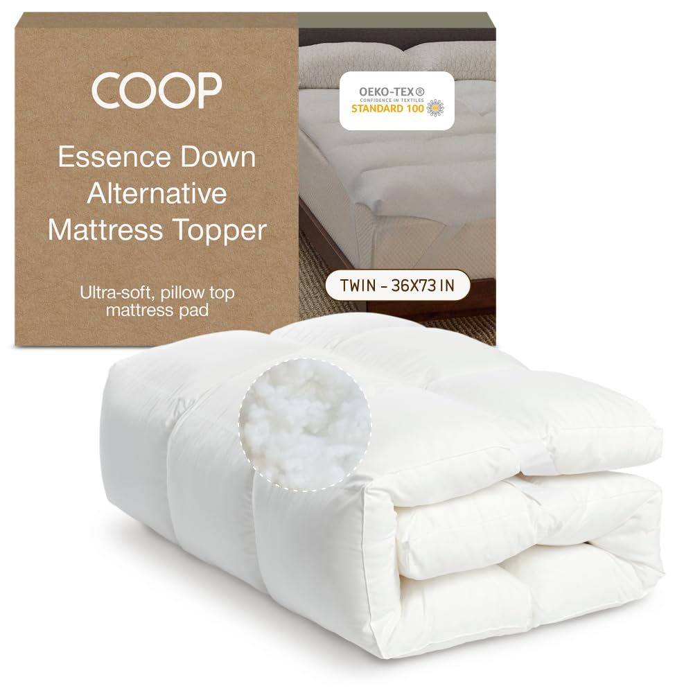 Coop Home Goods Essence Down Alternative Mattress Topper Twin, Plush 2-Inch Gusset and Baffle Box Design for Even Support and Comfort, Premium Bed Topper for Pressure Relief, Oeko-TEX Certified