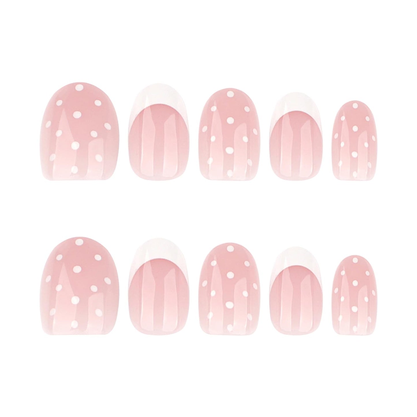 Short Oval Polka‑Dot Press‑On Nails — Nude Pink Translucent Base, White Smile Tips & Polka Dots, Reusable Full‑Cover False Nails, Salon‑Quality, Easy‑Apply Tabs — Ideal for Women & Girls