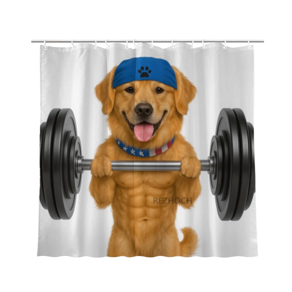 REZHOCH Funny Shower Curtain Golden Retriever Lifting Dumbbell Muscled Building Gym Humor Cloth Fabric Bathroom Decor Set with 12 Hooks 72" W x 72" L