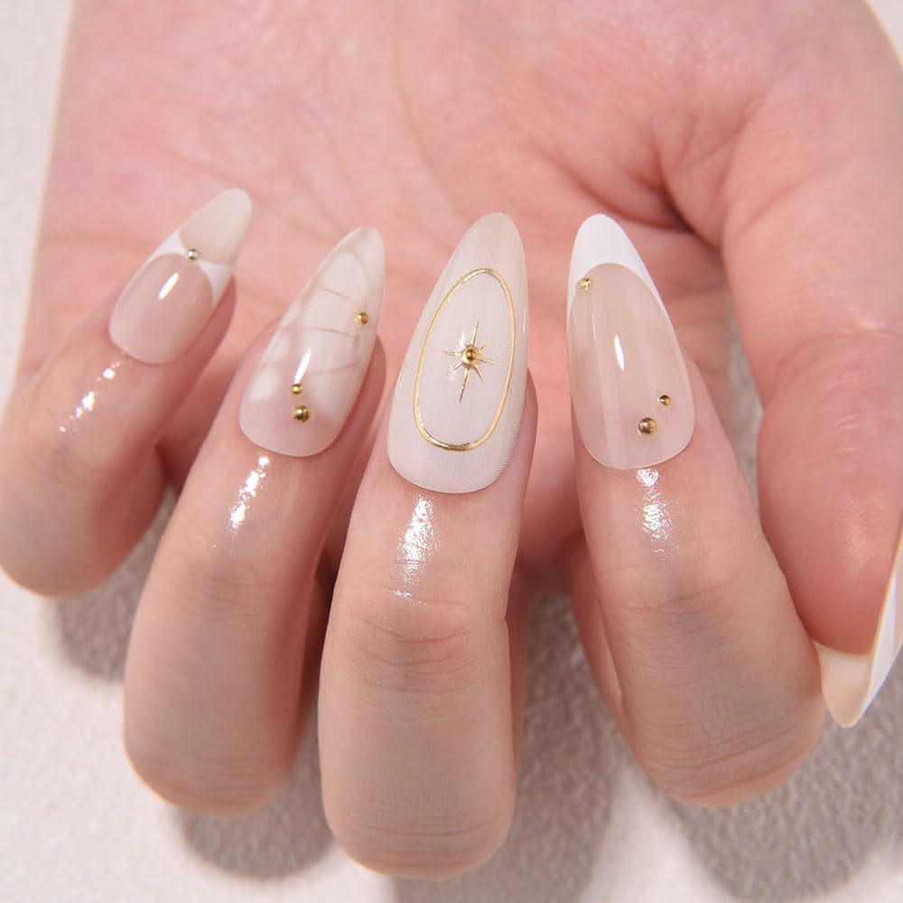 evpct 3D French Press on Nails Medium Almond No Glue with Bohemian Stars Design, White Tip Glossy Stick on Nails for Women with Kit, Reusable Soft Stick on Fake Nail with French Design Perfectly Fit