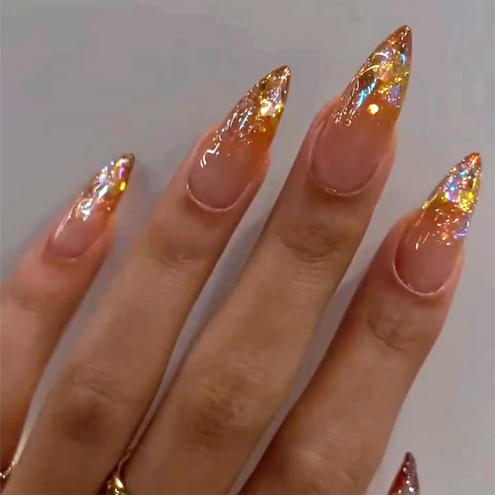 Hrnsnails Nail Press ons, Almond Press On Nails Medium Length Girls Fake Nails with Gold Glitter French Tip Aurora Diamond Design, Acrylic Artificial False Nails Press On Stick On Nails for Women