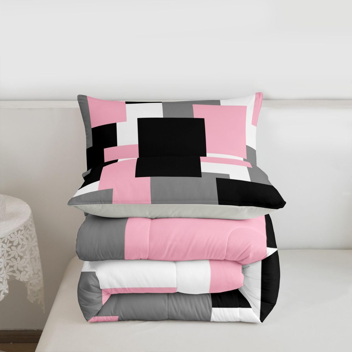 Castle Fairy Modern Abstract Art Kids Comforter Set Queen Size,Pink Grey Black Super Soft Microfiber Bedding Set for Adults Men,Geometric Grid Square Splicing Decorative Comforter Set,3 Pcs