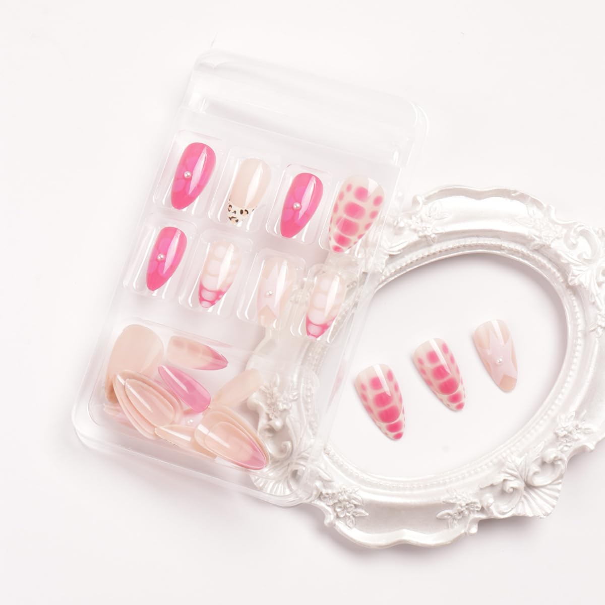 24Pcs Pink Press on Nails Short Almond Fake Nails Star Flower with Leopard French Tip Stick on Acrylic Nails Reusable Glossy Full Cover Glue on Nails Floral False Nails for Women Decorations