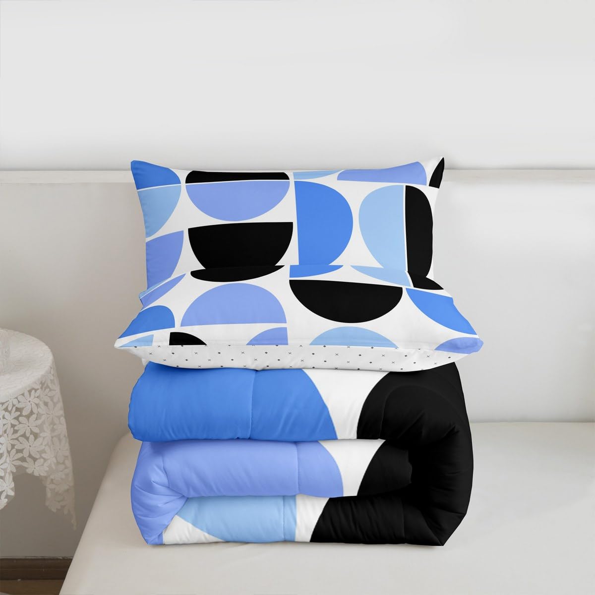 Erosebridal Blue and White Black Comforter Set Mid Century Bedding Set Queen Size,Modern Abstract Geometric Quilt for Kids Boys Girls Adults Retro Boho Art Down Comforter