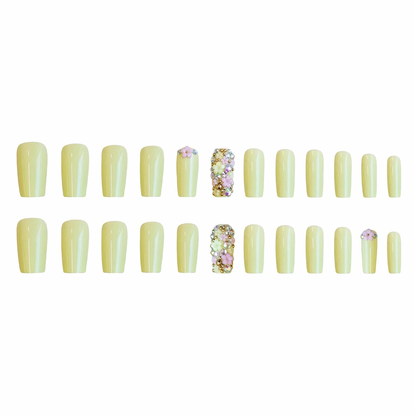 MISUD Press on Nails - Long Square Fake Nails with Yellow, Acrylic Flower Rhinestone Design 24 pcs