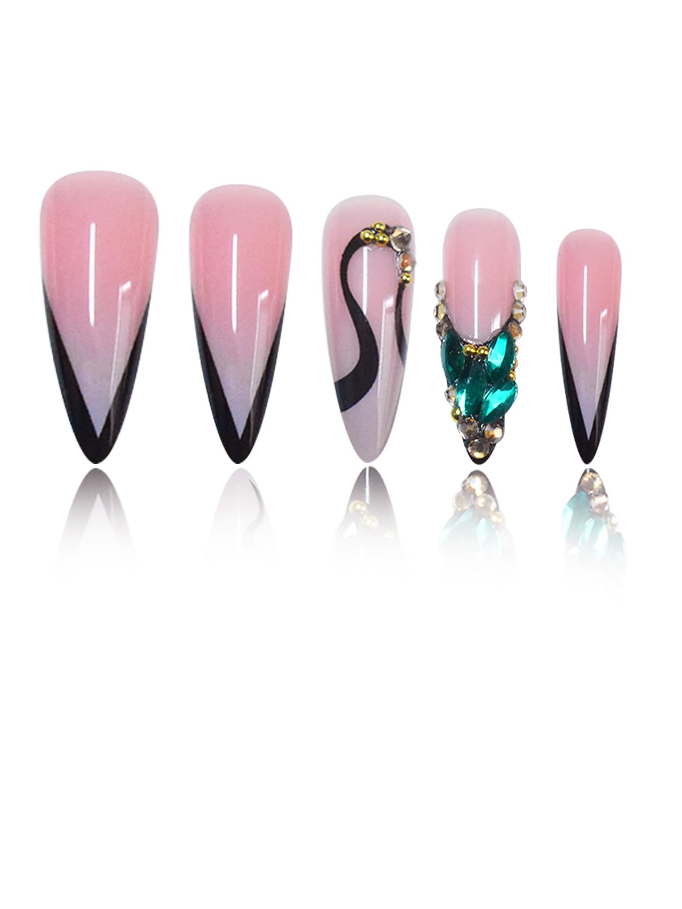 Long Press on Nails Stiletto Fake Nails French False Nails Pink Artificial Nails with Green Rhinestones Designs Sparkly Acrylic Nails Press ons Cute Stick on Nails for Women 24pcs
