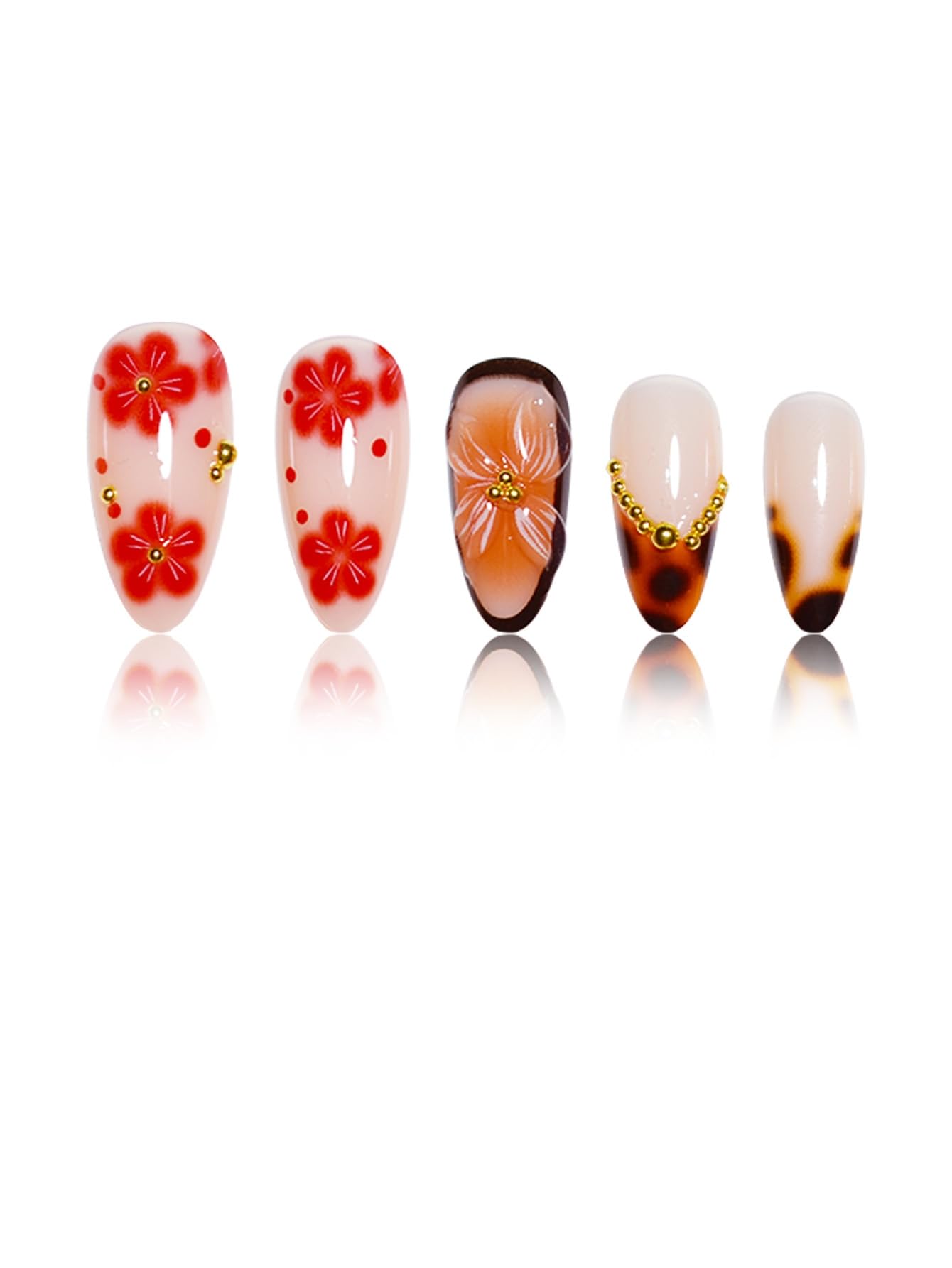 Almond Press on Nails Long Fake Nails Brown Artificial Nail with Tortoise shell and Gold Charm Designs Summer and Fall Cute Acrylic Press ons Red Flowers Handmade Nail 24pcs
