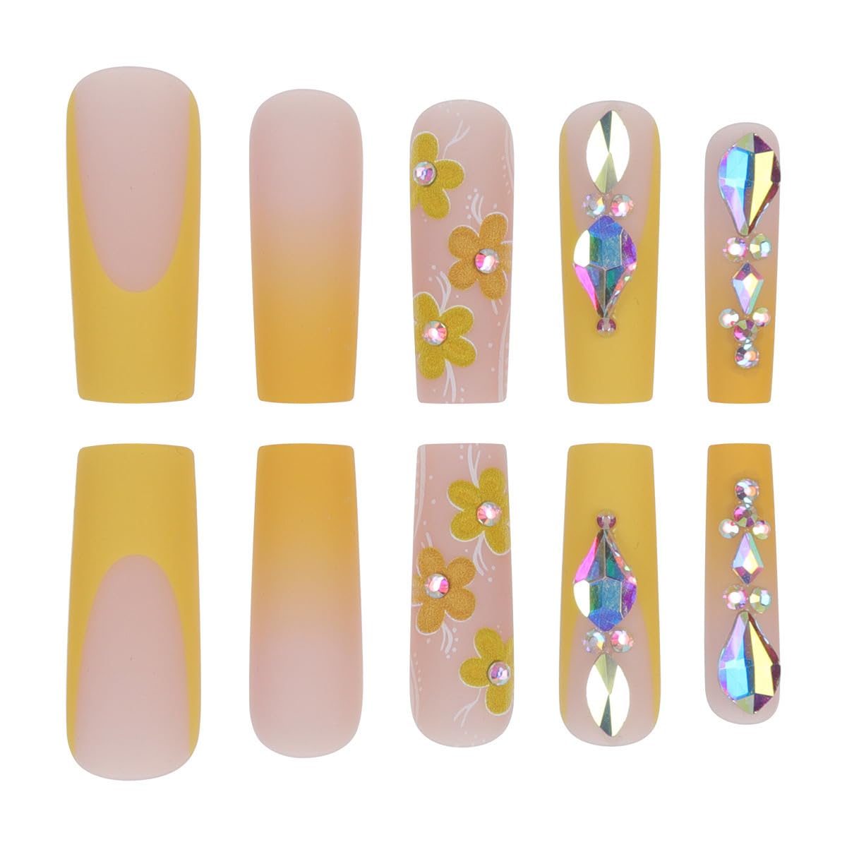Press on Long Coffin Nails - Yellow False Nails With Cute Flower Design, Rhinestones, Full Cover, Glossy Acrylic, Artificial for Women - Glue-on Manicure Set 24Pcs