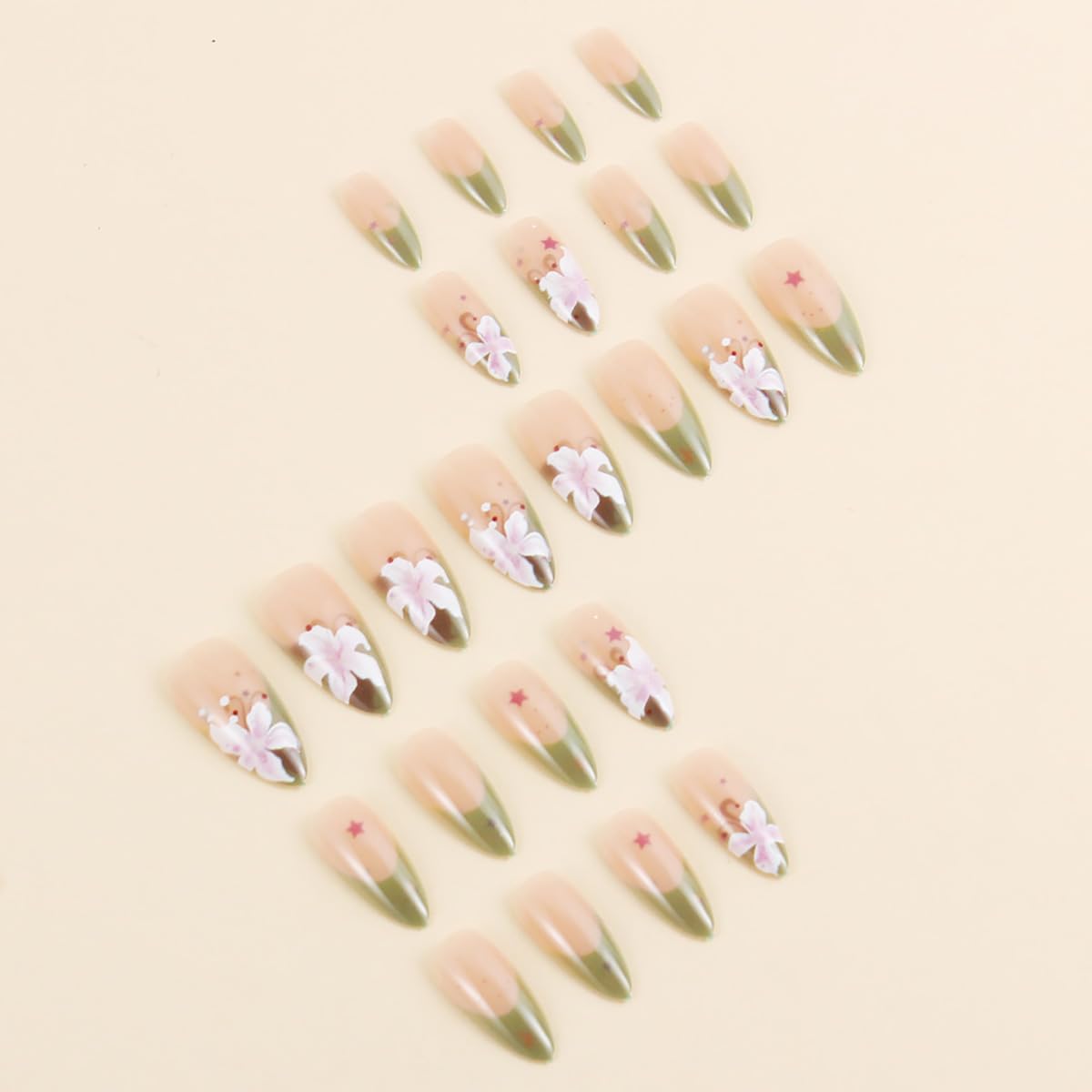 24Pcs Green French Tip Press on Nails Medium Almond Flower Fake Nails with Colour Star Glitter Design Spring False Nails Full Cover Artificial Glue on Nails Glossy Stick on Nails for Women Manicure