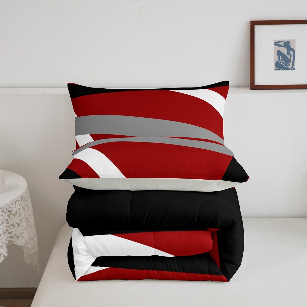 Erosebridal Red Gray Black Striped Queen Comforter Set for Adult Women Men Modern Abstract Bedding Set Geometric Lines Bed Set Aesthetic Boho Quilt Set