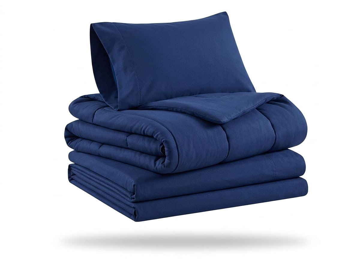 EVERYDAY KIDS 4 Piece Toddler Bedding Set - Includes Comforter, Flat Sheet, Fitted Sheet and Reversible Pillowcase - Solid Navy
