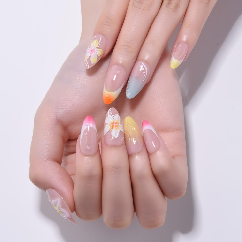 Nude French Press on Fake Nails Medium Short Oval with 3D Flower Design, False Summer Nail Reusable Press ons Artificial Manicure for Women Girls, Perfect Fit Stick on Nail Glossy Finish, 24Pcs