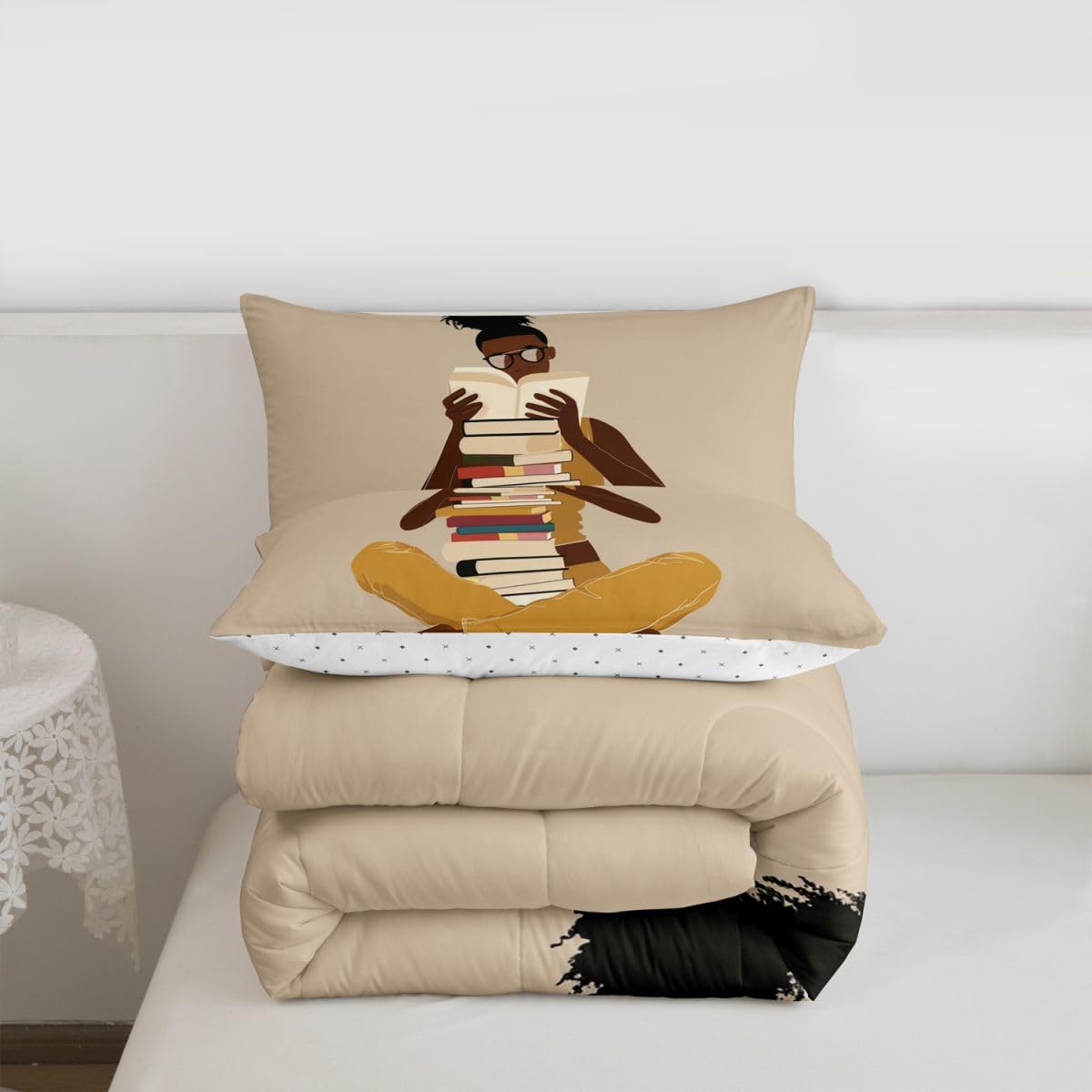 jejeloiu Black Girl Bedding Set Soft for Boys Girls, African American Comforter Set Toddler Size Book Reading Study Duvet Quilt Microfiber Bedroom Decor 2 Pcs with 1 Pillow Cases