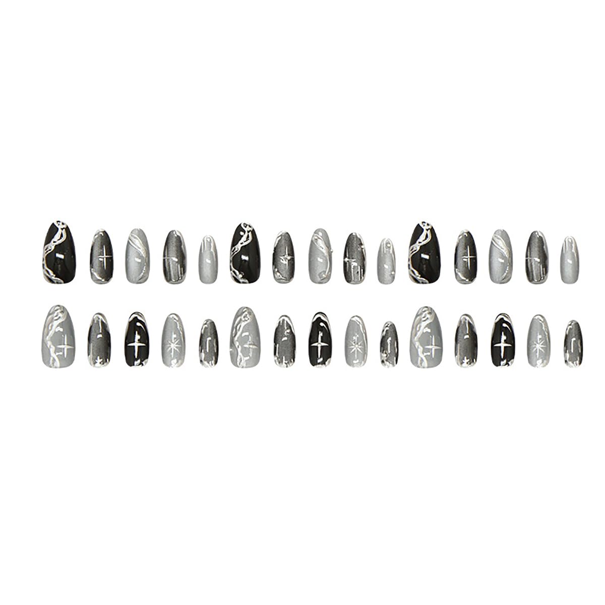 24Pcs Gothic Press on Nails Medium Almond Dark Black Fake Nails Silver Line Chrome with Rhinestones Designs Full Cover Y2k Stick on Nails Goth False Nails for Women Acrylic Nail Accessories DIY