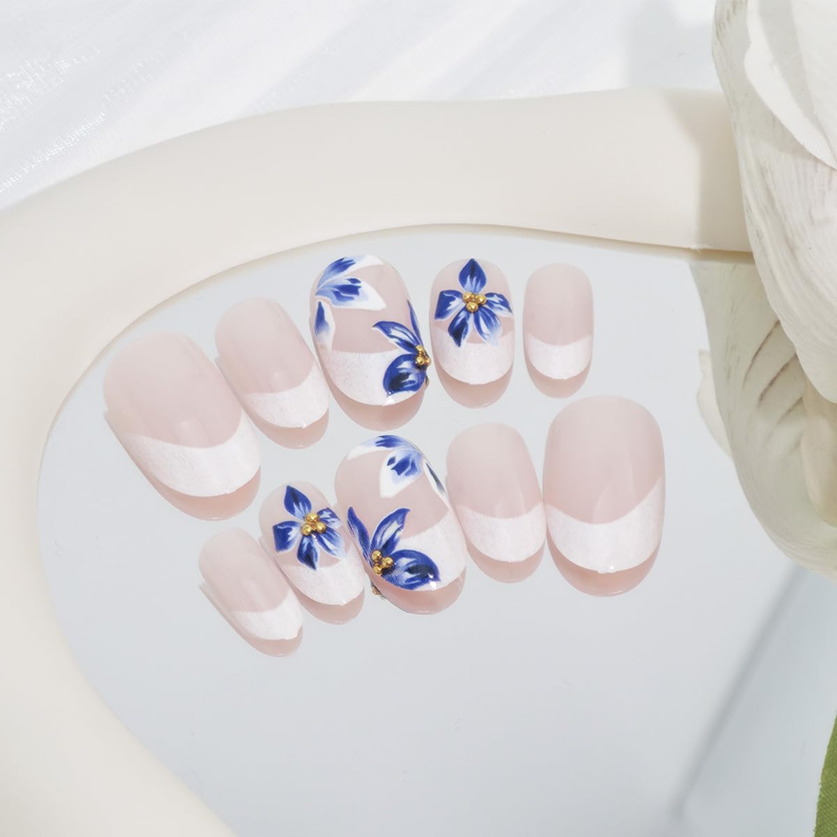 24Pcs Blue Flower Press on Nails Medium Almond Fake Nails with 3D Gold Rhinestones Designs White French Tip Stick on Nails Spring False Nails Glossy Glue on Nails for Women Acrylic Artificial Manicure