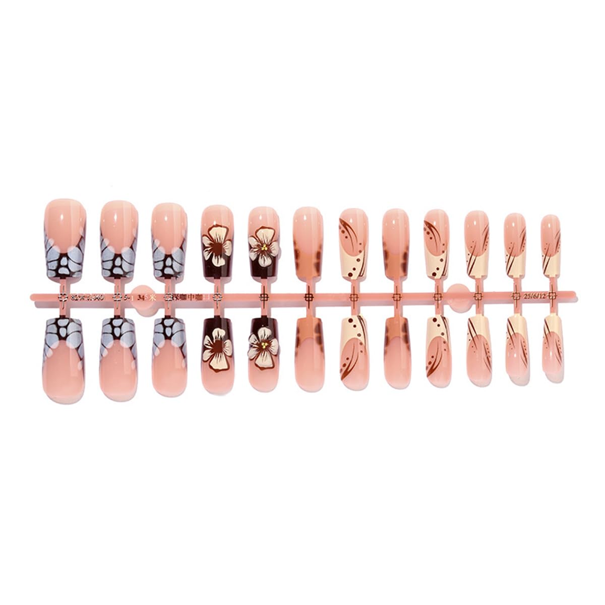 French Tip Press on Nails Long Square Fake Nails 3D Flowers Glue on Nails with Marble, Polka Dot Designs Full Cover Glossy False Nail Press ons Stick on Nail for Women Manicure 24Pcs