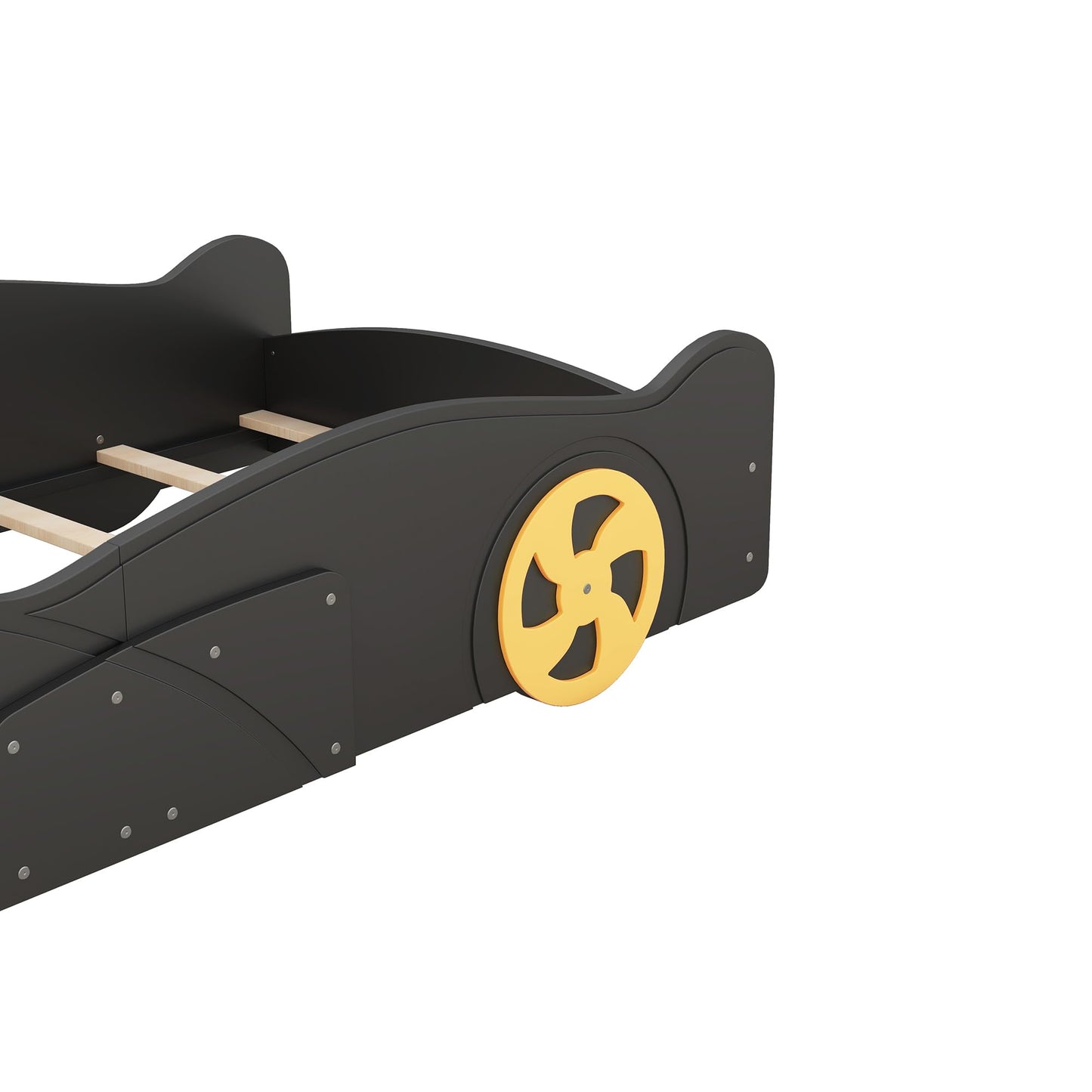 Acosure Twin Size Race Car Bed Platform Bed with Wheels and Storage,Wood Bed Frame W/Wood Slats Support,for Kids Boys Girls Teens,Box Spring Not Required,Black+Yellow