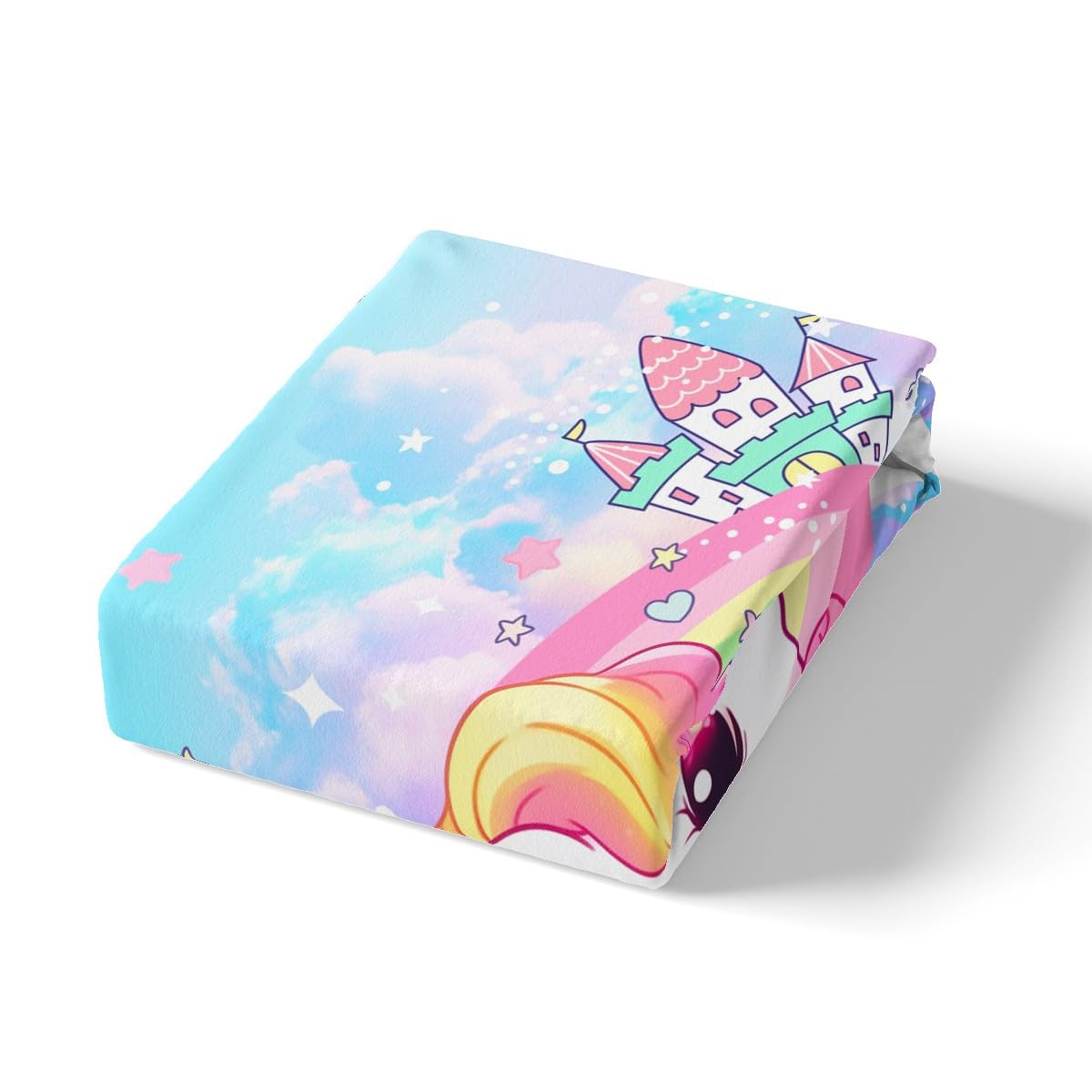 Cute Unicorn Kids Fitted Sheet Full Size,Rainbow Stars Cloud Dreamy Bedding Set,Girls Women Room Decor,Cartoon Animals Castle Girly Bed Cover,Pink Blue Unique Bed Sheet,2 Pillowcases