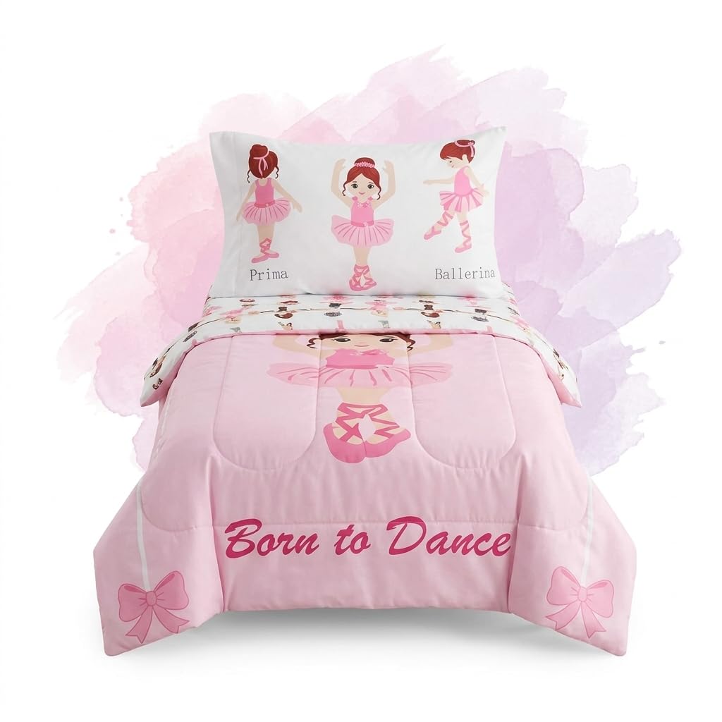 EVERYDAY KIDS 4 Piece Toddler Bedding Set -Born to Dance Ballerina- Includes Comforter, Flat Sheet, Fitted Sheet and Reversible Pillowcase