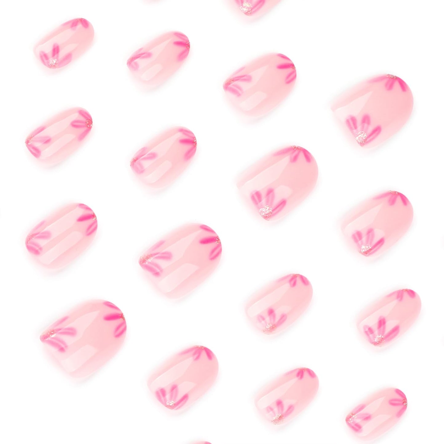 Short Oval Press On Nails with Pink Floral Design, Nude Pink Translucent Fake Nails Glossy Full Cover Acrylic Nails, Elegant Flower Stick On Nails Reusable False Nails for Women Girls