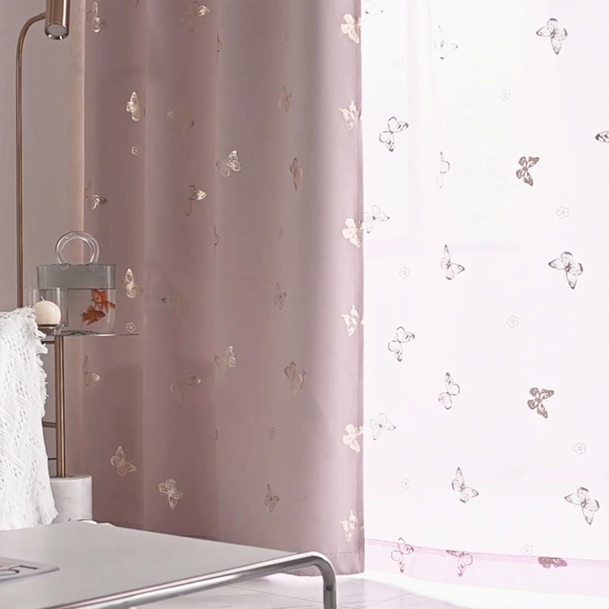 Jubilantex Pink and Gold Butterfly Blackout Curtains 84" Length for Baby Girls Nursery Bedroom and Living Room,80% Blackout Window Treatment,Grommet Top,2 Panels,Lavender Pink