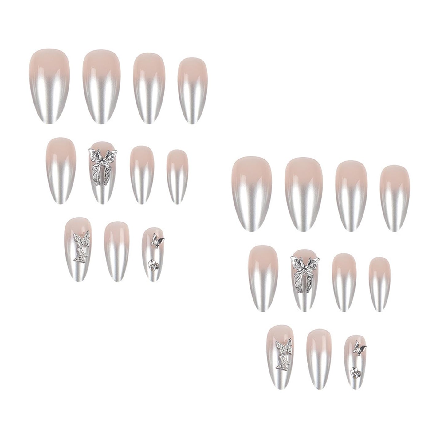 IMSOHOT Medium Almond Press on Nails Silver Chrome Gradient Fake Nails with Metal Butterfly Designs Glossy Full Cover Nude Acrylic Stick on Nails for Women Girls 24Pcs
