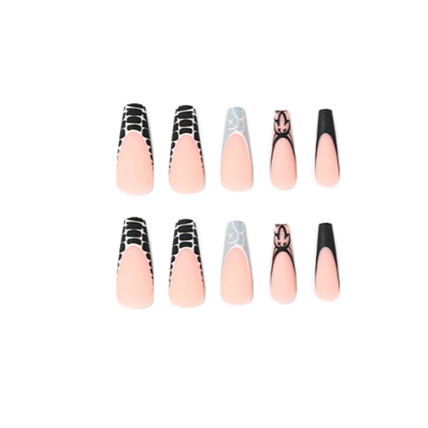 YoYoee French Long Press on Nails Matte Fake Nails Coffin False Nails Acrylic Graffiti Black Stick on Nails for Women and Girls 24PCS