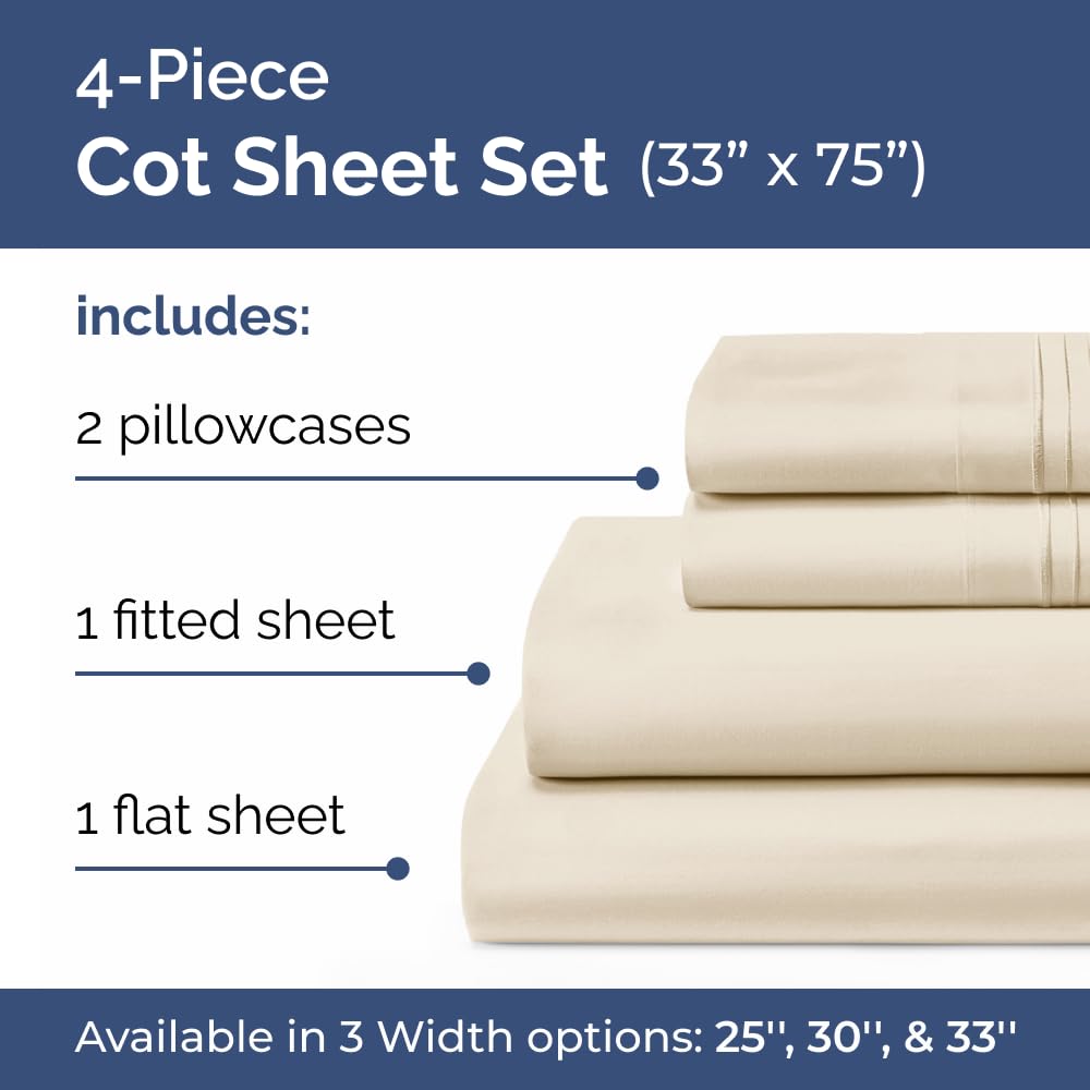 Cot Sheet Set 33” x 75” – 4 Piece Cot Size Twin Mattress Sheets – Ideal for Camper Bunk, RVs, Bunks, Day Care, Camping & Guest Beds - Fits 6” to 10” Mattress - Comfy, Breathable and Cooling - Wheat
