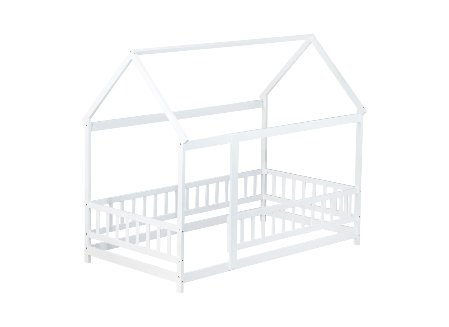 PVWIIK Twin Montessori Floor Bed with High Rails & Roof for Kids Bedroom,High Rails Bed Frame with Fence,No Box Spring Needed, White
