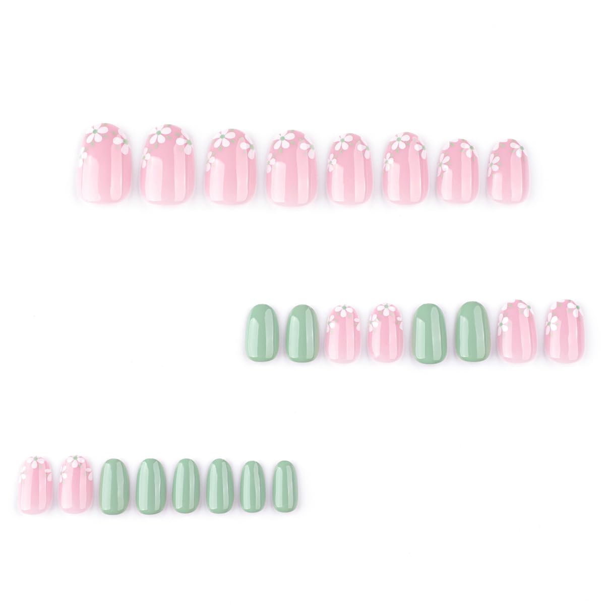 Mivota Short Oval Press On Nails green Pink False Nails with Flowe Finish Fashion Glossy Acrylic Press ons Nail Gel Stick On Nails Set Glue on Nails for Women & Girls, 24Pcs