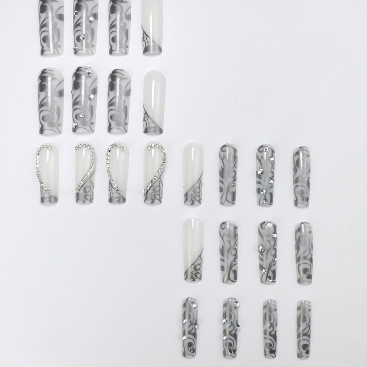 Long Press on Nails Square - Silver French Tip Fake Nails with Heart Design - Rhinestone, Elegant Full Cover Stick on False Nails - for Women 24 Pcs