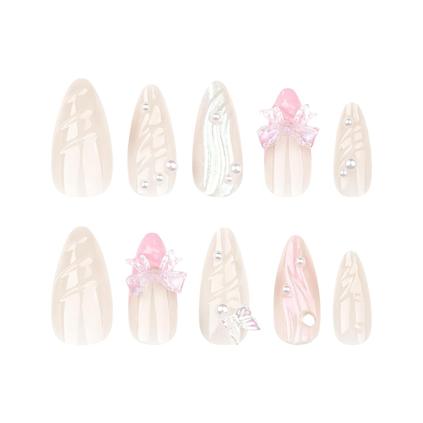 LPOODDNU 3D Almond Press on Nails Medium Fake Nails Acrylic Handmade Glue on Nails with 3D Butterfly Bow Designs Full Cover Stick on Nails Cute Almond Medium False Nails for Women Manicure 24Pcs