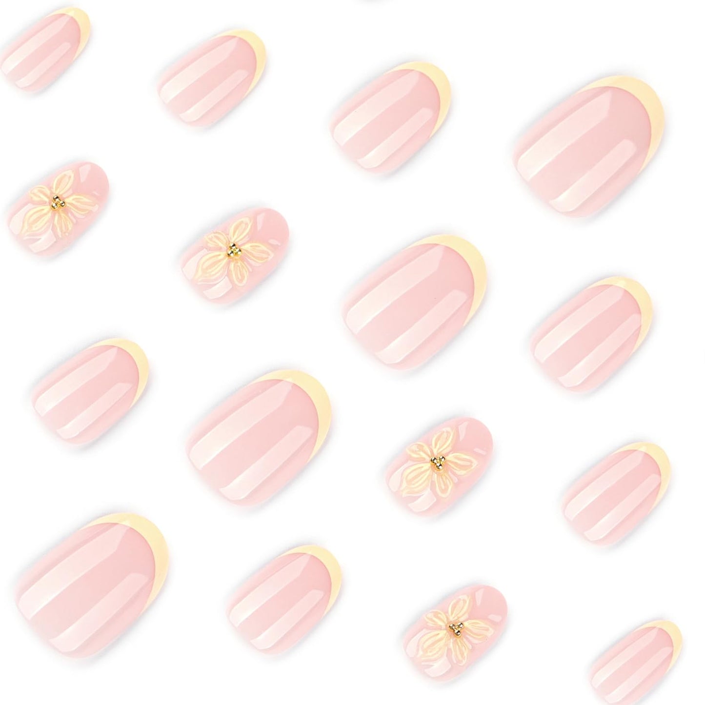 Short 3D Floral Oval Press‑On Nails — Short Oval Reusable Full‑Cover False Nails, Nude Pink Translucent Base, Cream French Tip, Salon‑Quality, Easy‑Apply Tabs, Ideal for Women & Girls
