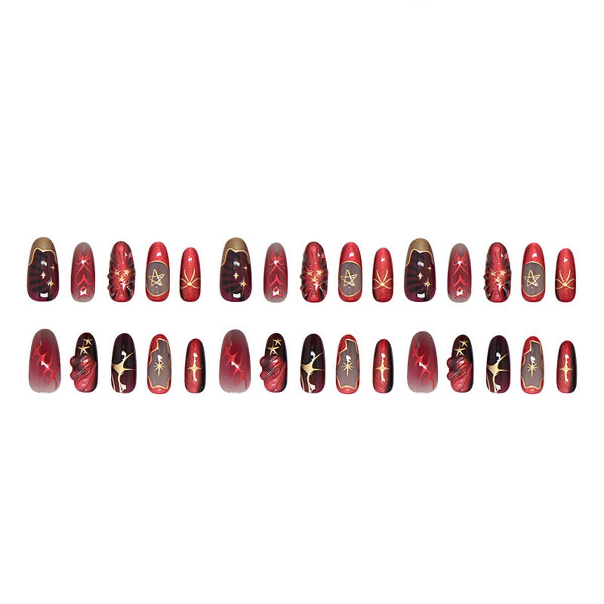 24Pcs Red Press on Nails Medium Almond French Tip Fake Nails with 3D Star Bow Gilding Design Gothic False Nails Full Cover Artificial Glue on Nails Goth Handmade Stick on Nails for Women DIY Manicure