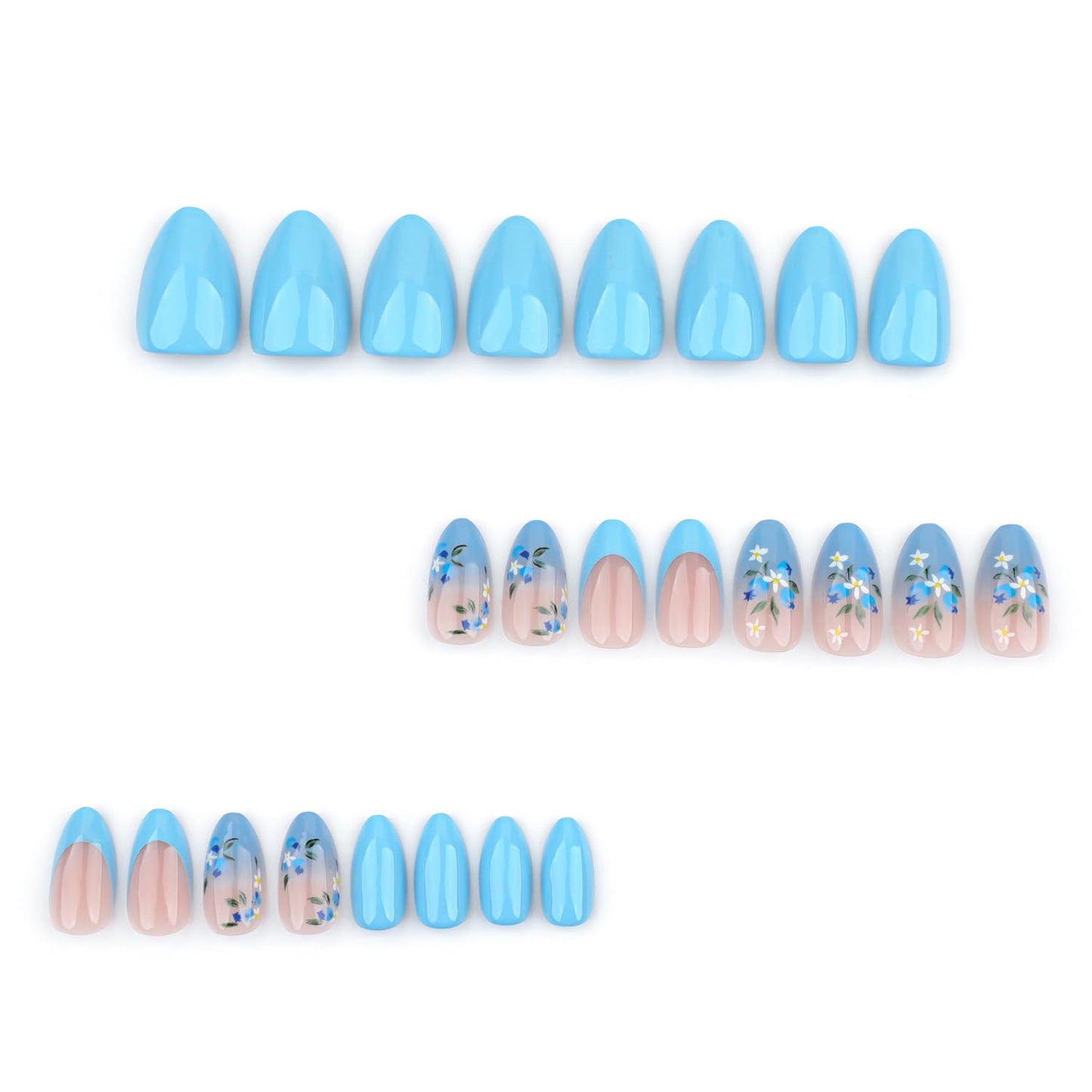 LPOODDNU Flower Press on Nails Almond Shape Fake Nails Medium Length Blue French Tip False Nails with Designs Glossy Full Cover Glue on Nails Cute Almond Stick on Nails for Women Finger Manicure