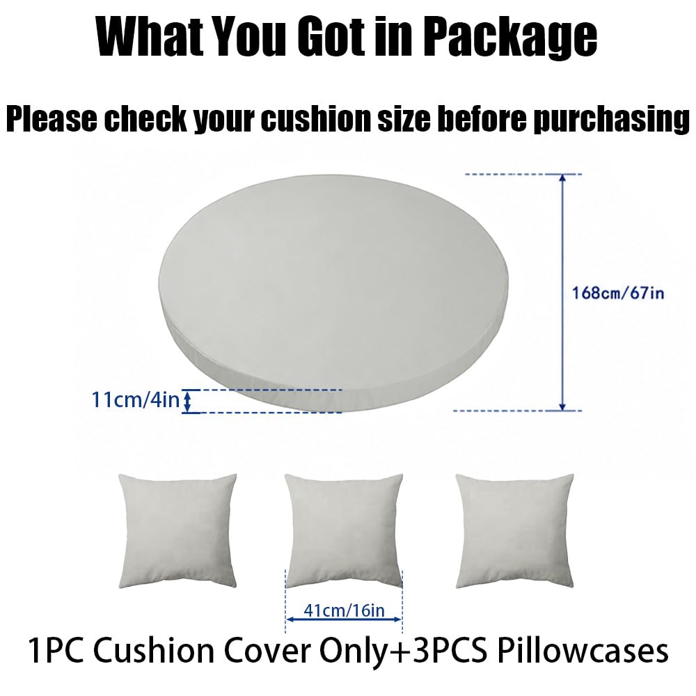 Patikvale Outdoor Daybed Cushion Cover, with 3 Pillow Cases, 66‘’ Daybed Cushion Cover Water-Resistant Fitted Patio Daybed Mattress Replacement Cover for Outdoor Daybed Cushion, Round Bed Cushion