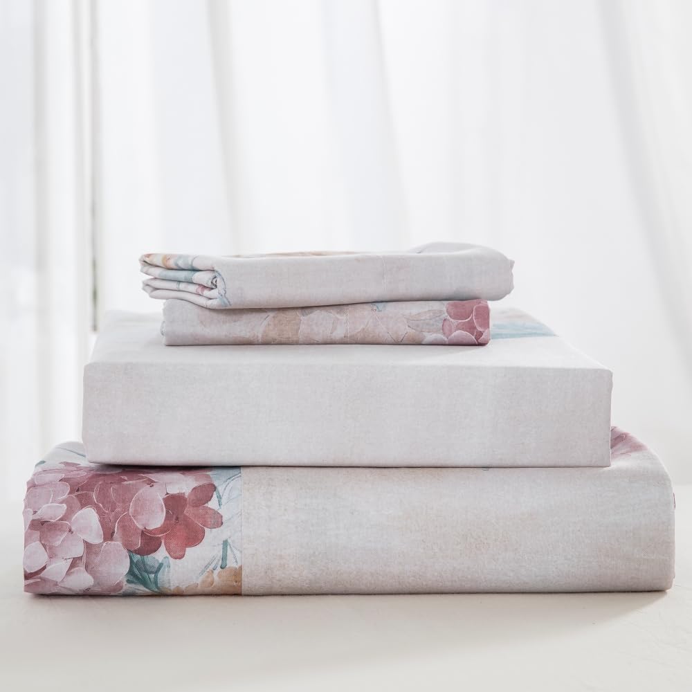 DAUAOTO King Size Printed Sheets Set, 100% Cotton Bedding Sets, Up to 14" Deep Mattress, Floral Pattern Bedlinen Set, Hydrangea Blush