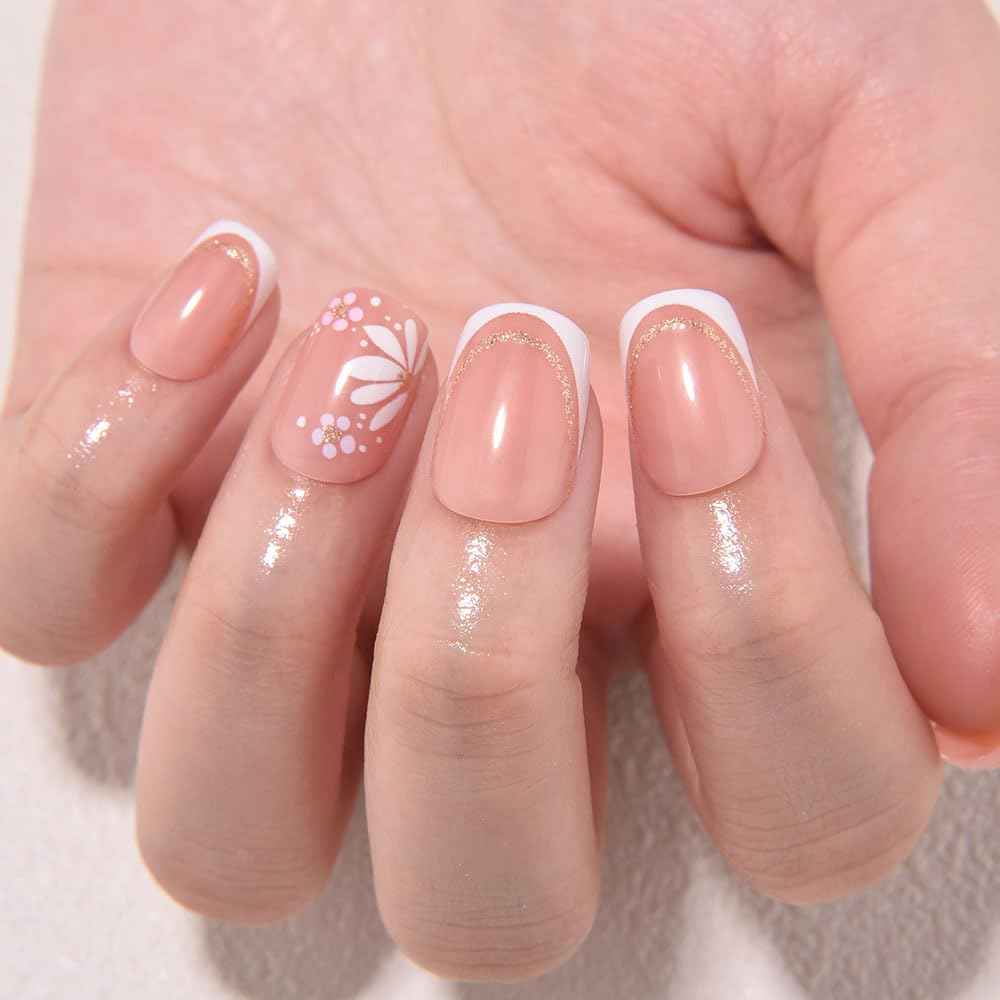 3D French Press on Nails Short Square with Flower Design, Nude Nail + White Tip Glossy Stick on Nails for Women with Kit, Reusable Soft Gel Stick on Fake Nail with Gold Line Designs Perfectly Fit