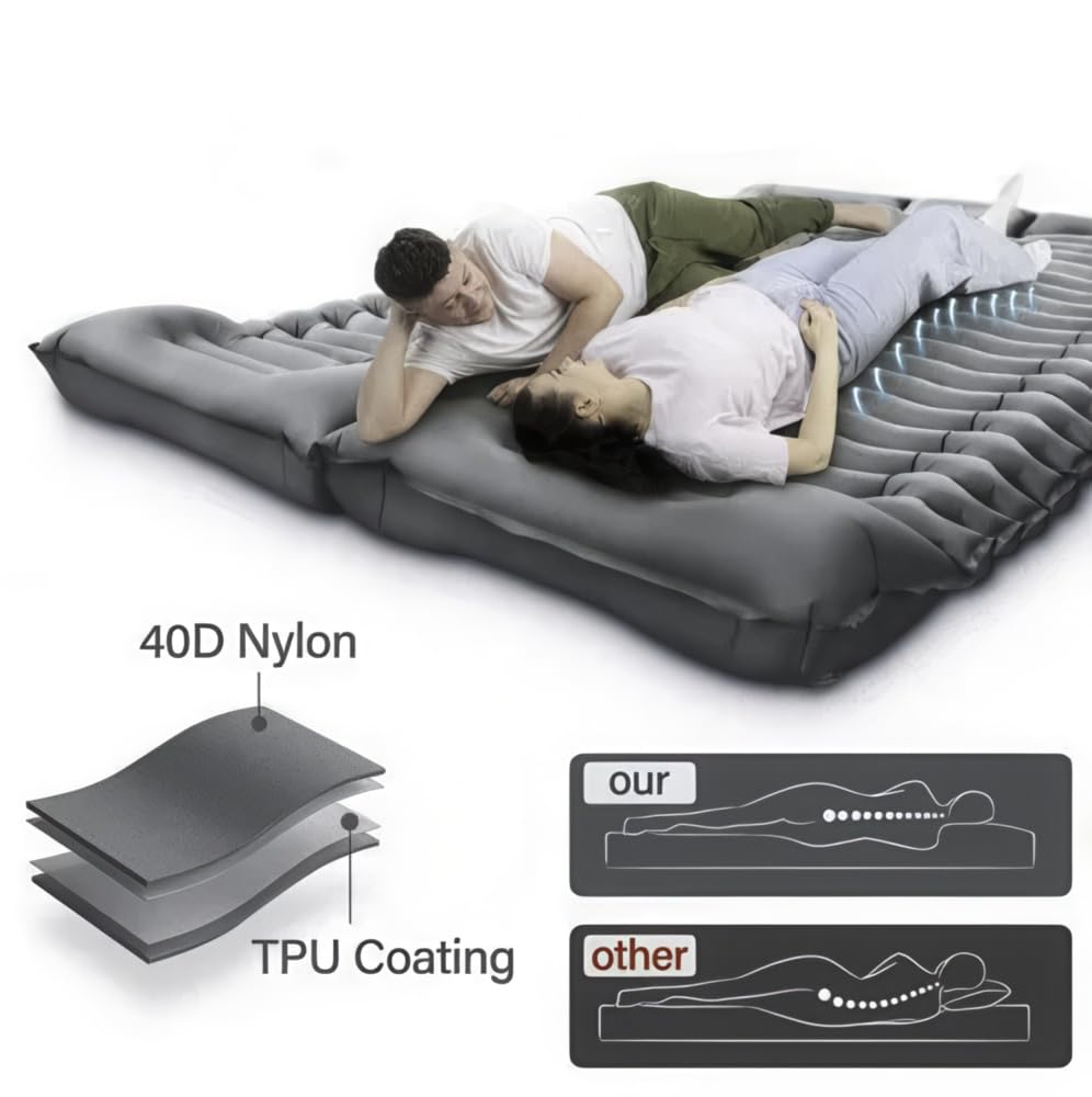 Inflatable Camping Mattress 205×130×10cm with Integrated Foot Pump, Waterproof Nylon Ripstop Travel Mattress for Outdoor Activities