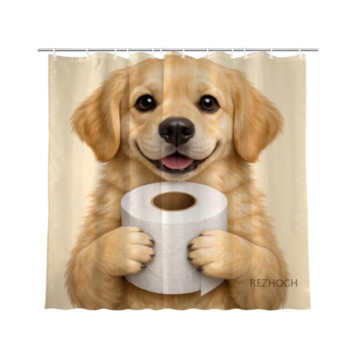 REZHOCH Funny Golden Retriever Shower Curtain 72x72 Inch,Cute Puppy Holding Toilet Paper,Humor Animal Art Home Bathroom Farmhouse Decor,Waterproof Fabric Bath Curtain Set with Hooks