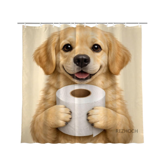 REZHOCH Funny Golden Retriever Shower Curtain 72x72 Inch,Cute Puppy Holding Toilet Paper,Humor Animal Art Home Bathroom Farmhouse Decor,Waterproof Fabric Bath Curtain Set with Hooks