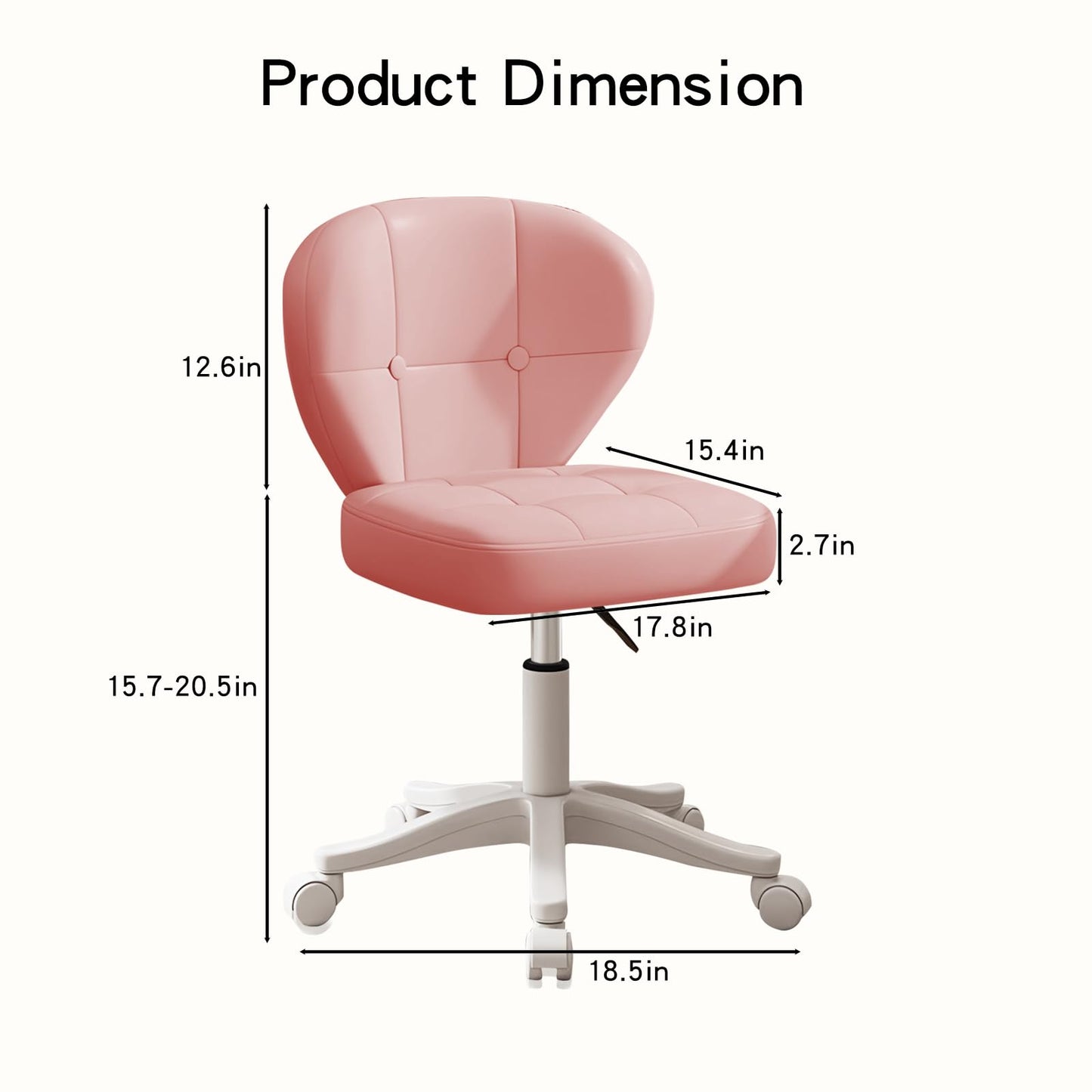 Timbertouch Small Office Chair with Lumbar Support, PU Leather Armless Swivel Desk Chair Adjustable Height, Compact Rolling Chair for Home Office, Bedroom, Study （Pink）
