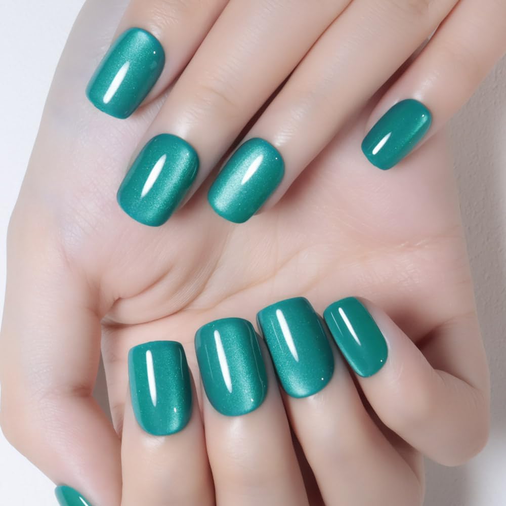 evpct Cyan-blue Green Cat Eye Extra Short Square Press on Nails, Petite Short Square Stick on Nails for Women Gift, Glossy Glitter Fake Nail Reusable, Soft Gel Press on Acrylic False Nail with Designs