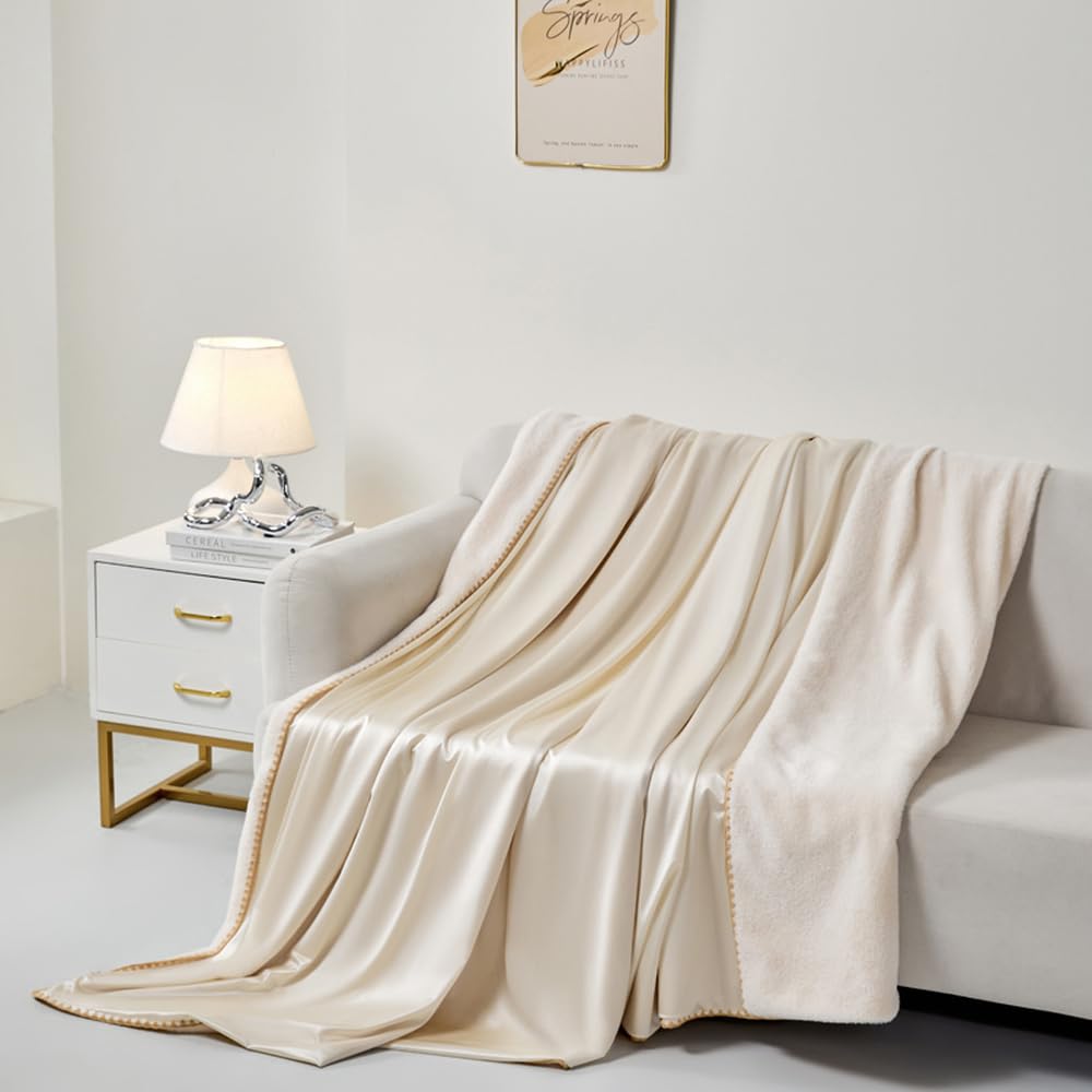 Double-Sided Usable,Ice Silk &Faux Fur Cooling Blanket,Lightweight,Soft Throw Blanket,Ideal for Couch and Bed,Suitable for All Seasons, for Women,Men (Beige&Apricot, 50 * 60)