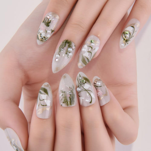 evpct 3D Light Green Handmade Press On Nails Almond Medium, 3D Water Plants Design Fake Nails Rusable for Spring & Summer Daily Wear, False Acrylic Nail with Kits Press ons Nail for Women Gift, 24Pcs