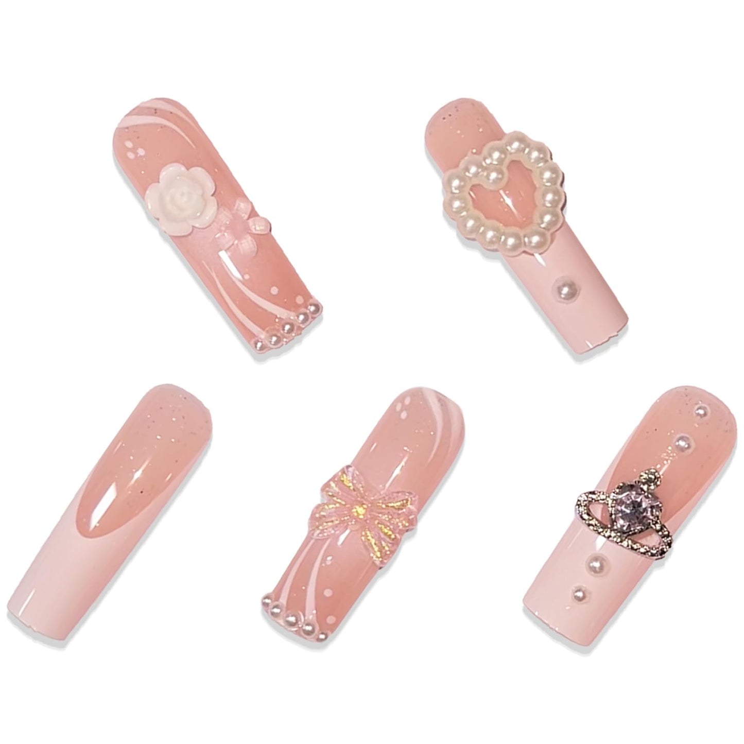 BABALAL Long Square Press on Nails, Pink White French Tip 3D Flower Bow Rhinestone Glitter Design Acrylic Nails Squoval for Women and Girls 24 Pieces