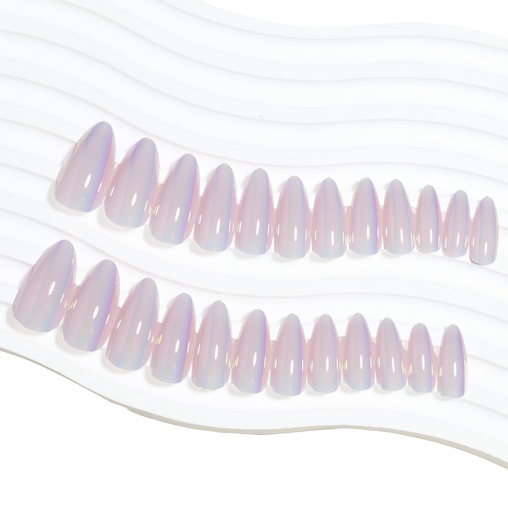 Baby Pink Chrome Press on Nails Medium Almond,KQueenest Iridescent Stiletto Fake Nails with Designs,Glossy Glue on Nails with Mirror Effect,Pearlescent Acrylic Nails for Women Girls 24Pcs