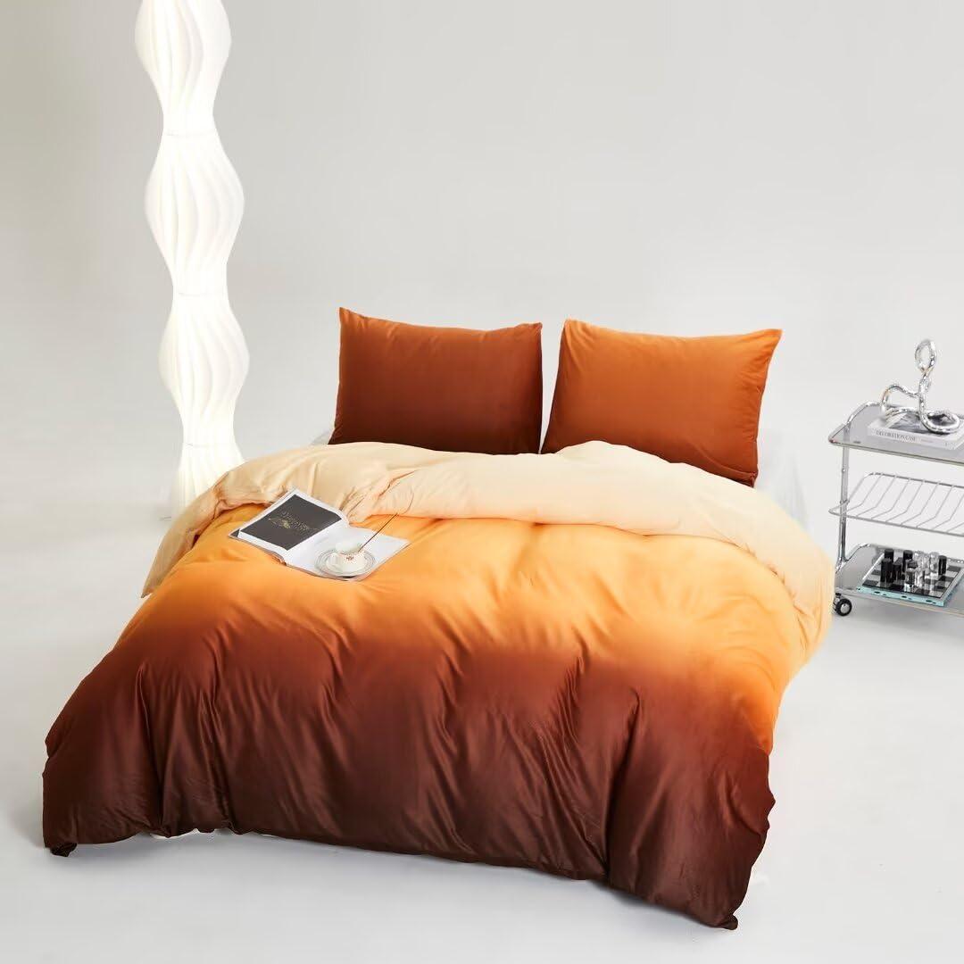 CLOTHKNOW Dark Orange Velvet Duvet Cover Set Queen 3Pcs Orange Yellow Bedding Sets Rust Beige Fluffy Bedding Duvet Cover Sets Queen Soft Flannel Bedding Queen Sets